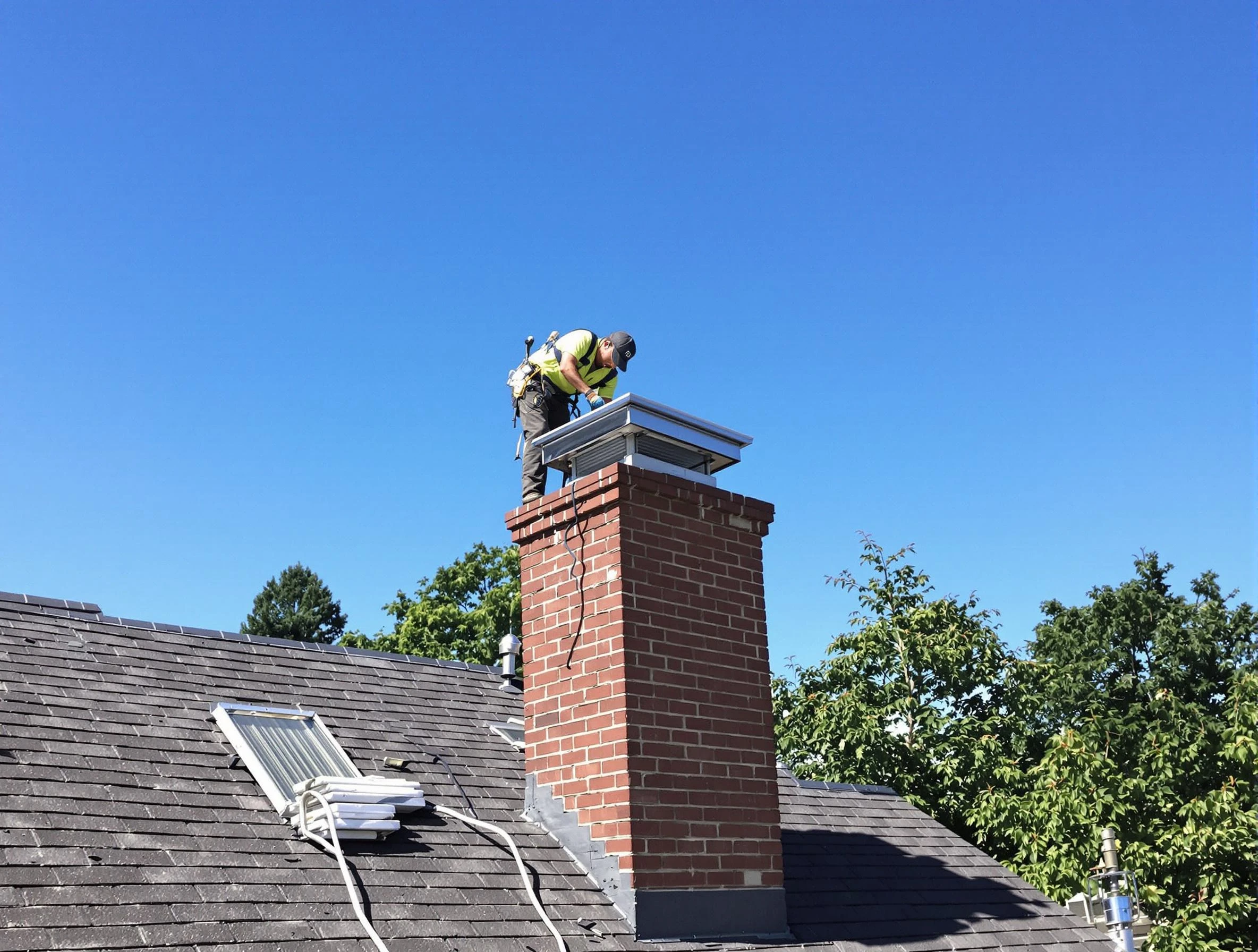 Pleasant Hills Chimney Sweep technician measuring a chimney cap in Pleasant Hills, PA
